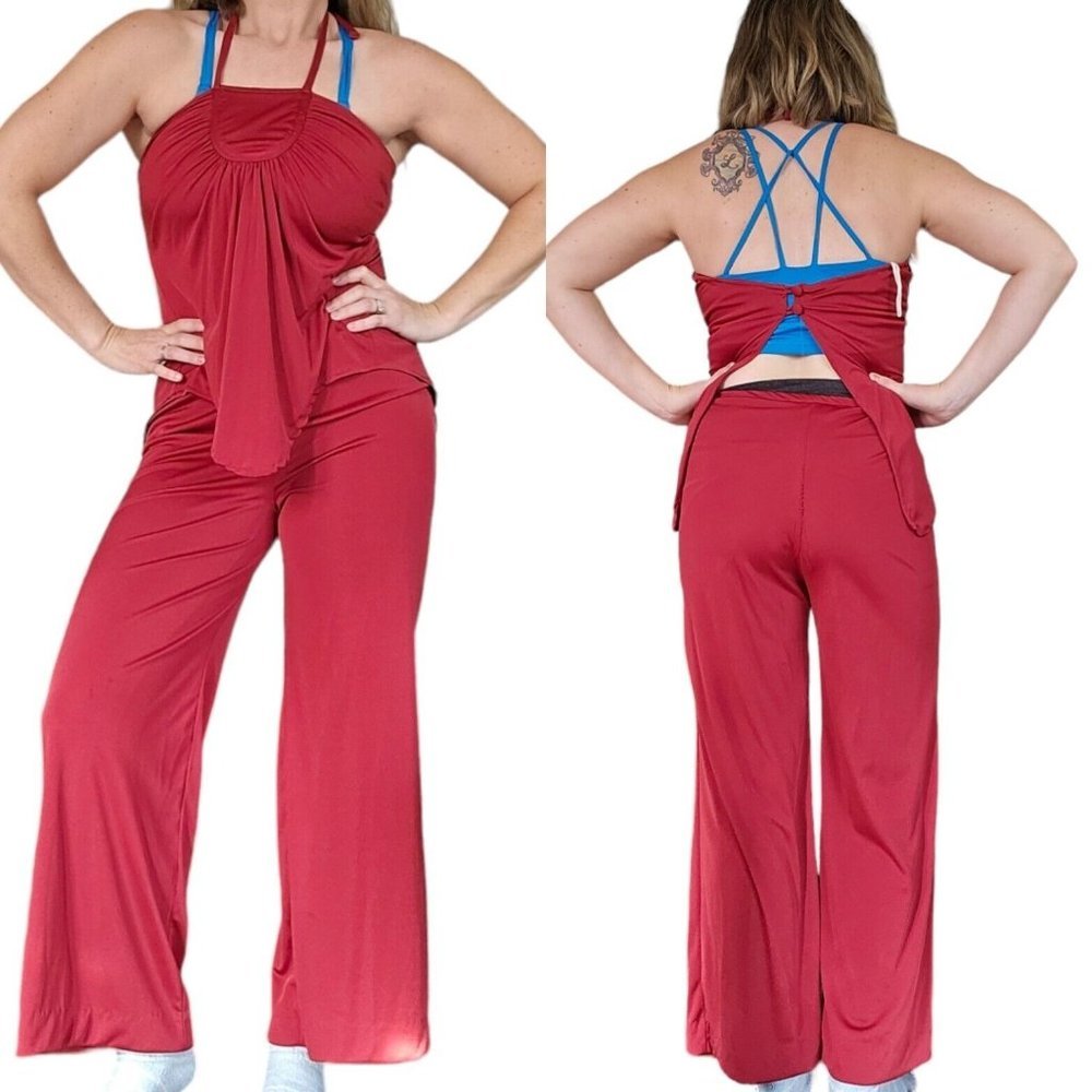 70s S/M Disco Rust Red Orange Halter Flare‎ Pants 2 Piece Outfit Set Groovy Boho